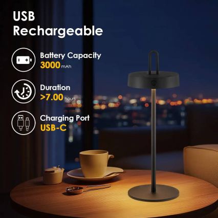 LED Dæmpbar udendørs genopladelig berøringsbetjent bordlampe SHINE LED/1,5W/3,7V 3000 mAh IP44 sort