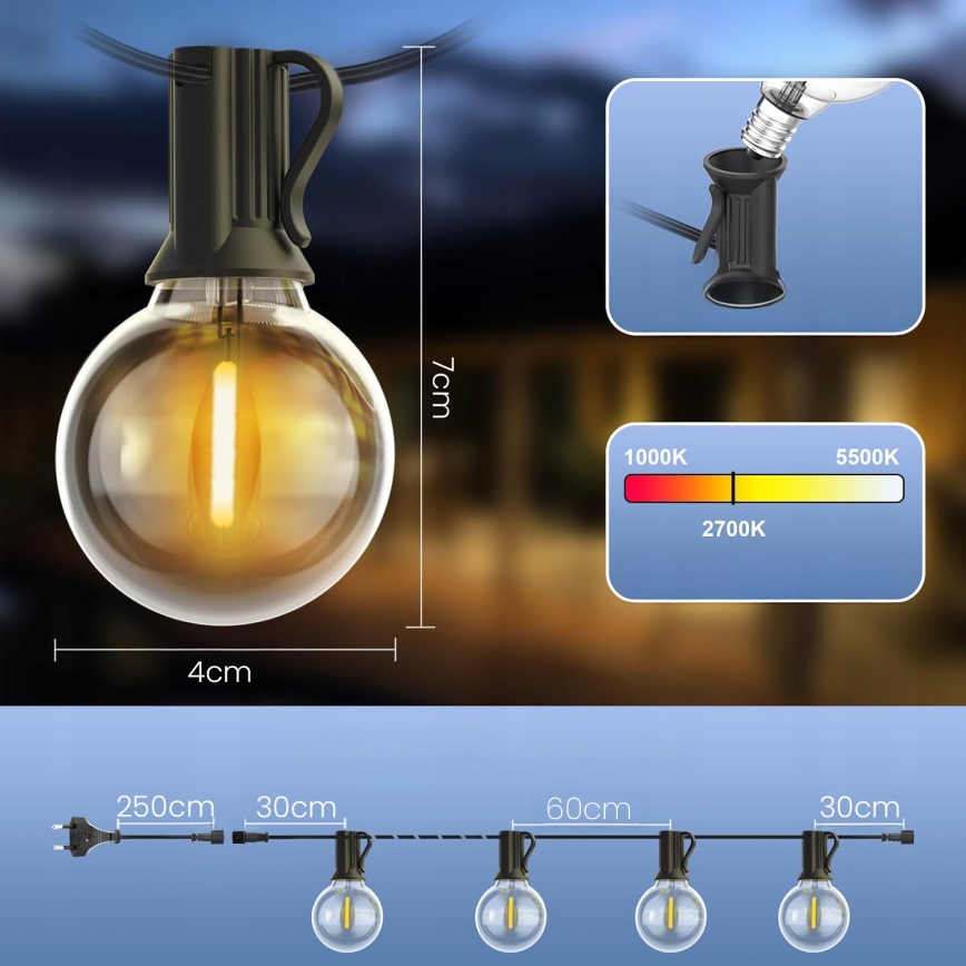 LED-dæmpbar udendørs dekorationslyskæde 25xE12/1W/24/230V 17,5 m IP65 sort + fjernbetjening