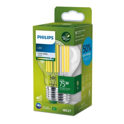 LED-filamentpære Philips A60 E27/5,2W/230V 4000K