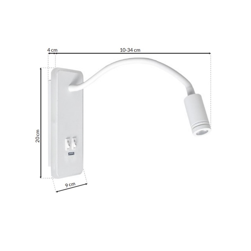 LED Fleksibel væglampe med USB BASE 1xLED/8W+1xLED/2W/230V hvid