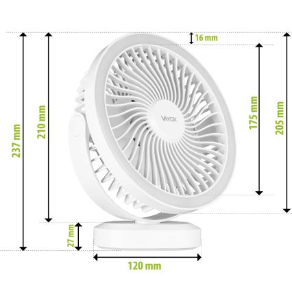 LED Genopladelig bordventilator med LED-belysning LED/3W/5V USB 2400 mAh hvid