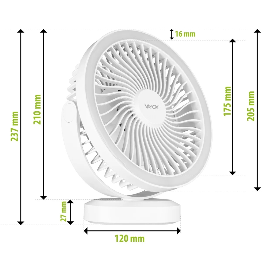 LED Genopladelig bordventilator med LED-belysning LED/3W/5V USB 2400 mAh hvid