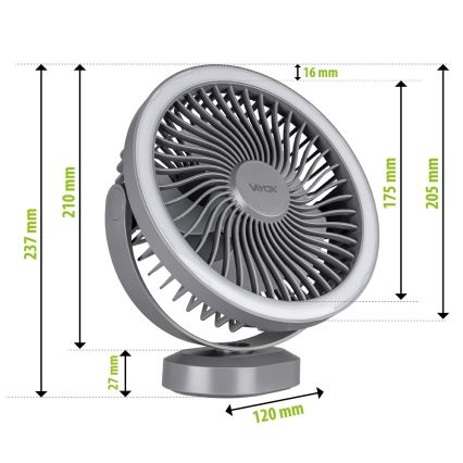 LED Genopladelig bordventilator med LED-belysning LED/3W/5V USB 2400 mAh grå