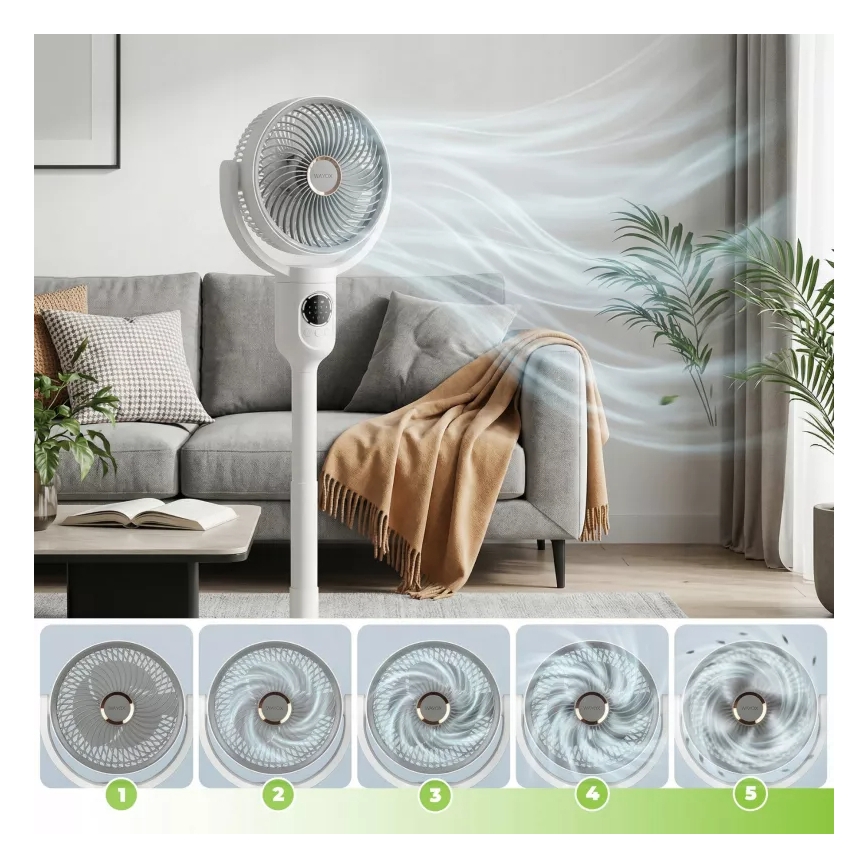 LED genopladelig gulvventilator med indbygget LED-belysning, LED/4,8W/5V USB 7200 mAh, hvid + fjernbetjening