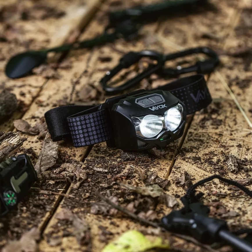 LED Dæmpbar genopladelig pandelampe med sensor og rødt lys 2xLED/5W/5V/3xAAA IP65 500 lm 1200 mAh