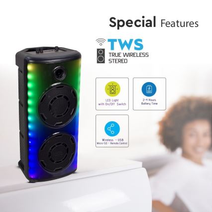 LED højtaler m. RGB-farver genopladelig med mikrofon 600W/2400 mAh + fjernbetjening