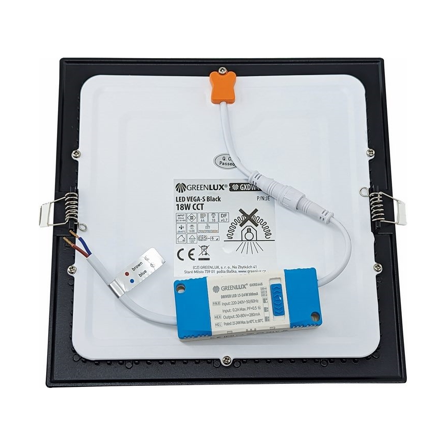 LED indbygningslampe VEGA LED/18W/230V 2900/3900/5800K 22,5x22,5 cm sort