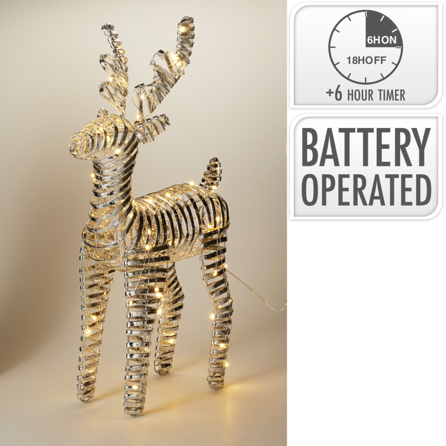 LED juledekoration 60xLED/3xAA 60 cm varm hvid rensdyr/sølvfarvet