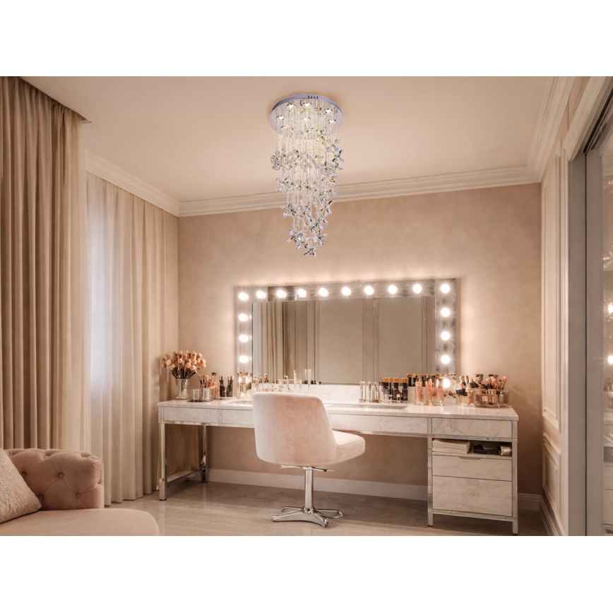 LED krystalloftlampe SAMOA, 30 W, 230 V, Ø 40 cm, blank krom, med fjernbetjening