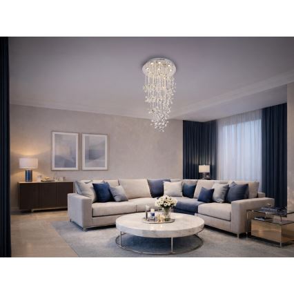 LED krystalloftlampe SAMOA, 30 W, 230 V, Ø 40 cm, blank krom, med fjernbetjening