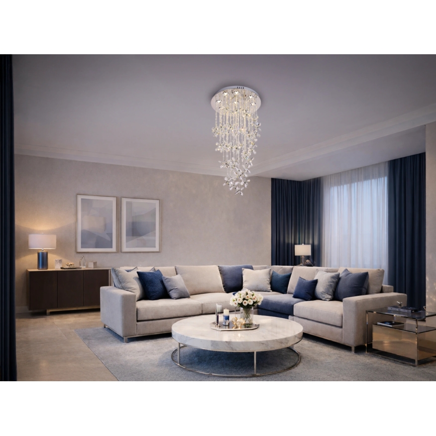 LED krystalloftlampe SAMOA, 30 W, 230 V, Ø 40 cm, blank krom, med fjernbetjening