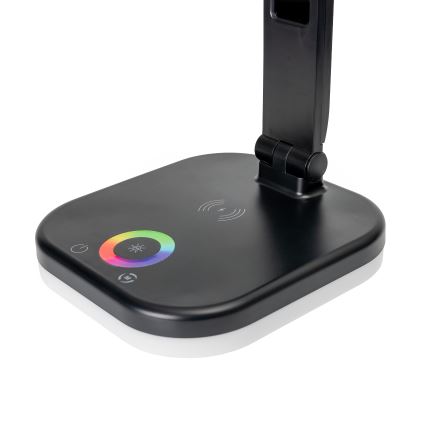 LED bordlampe m. RGBW-farver + touch-funktion og trådløs opladning dæmpbar LCD display og USB-port MAGNUS LED/6W/5V 3000-6500K sort