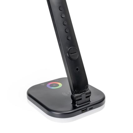 LED bordlampe m. RGBW-farver + touch-funktion og trådløs opladning dæmpbar LCD display og USB-port MAGNUS LED/6W/5V 3000-6500K sort