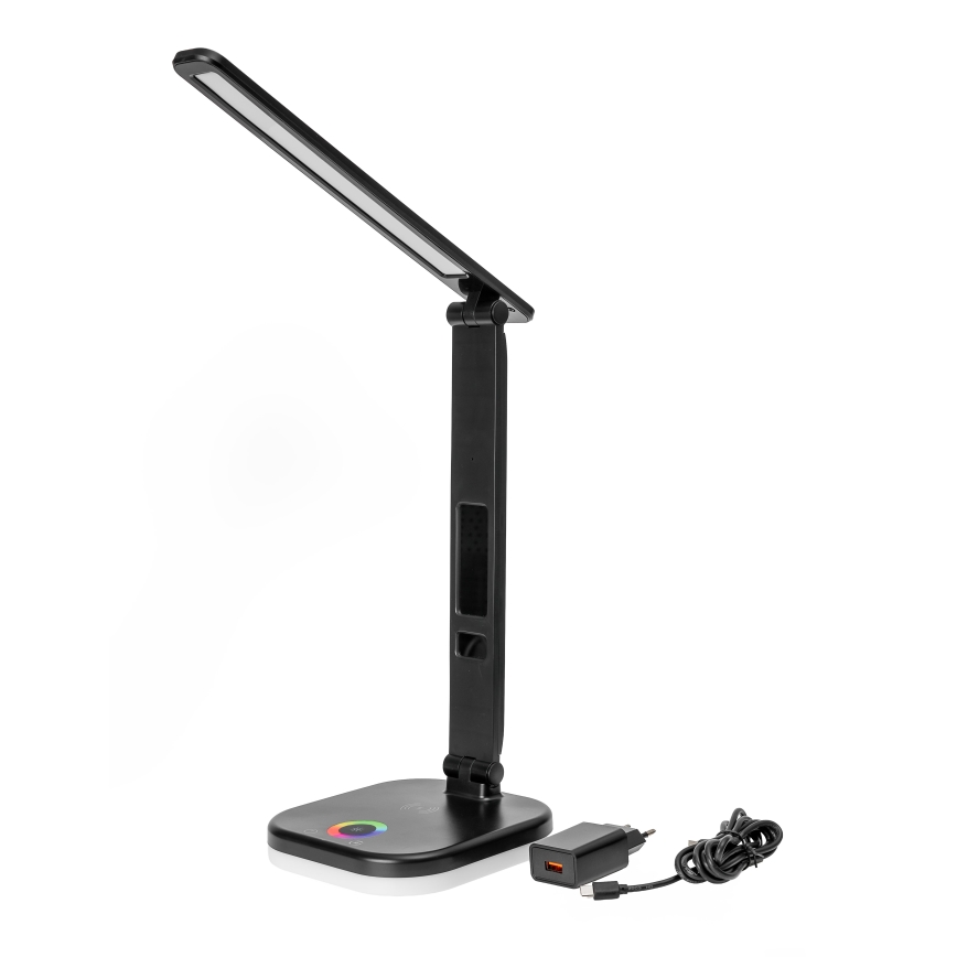 LED bordlampe m. RGBW-farver + touch-funktion og trådløs opladning dæmpbar LCD display og USB-port MAGNUS LED/6W/5V 3000-6500K sort