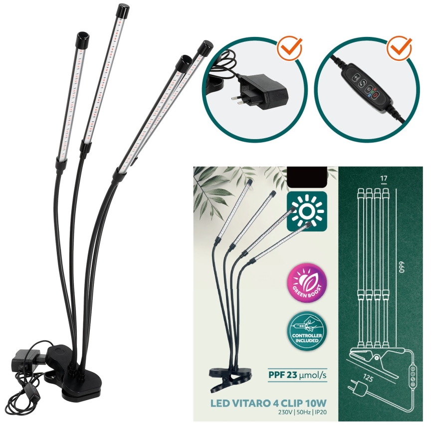 LED Dæmpbar flexible bordlampe med klemme til plantevækst VITARO 4xLED/10W/230V sort
