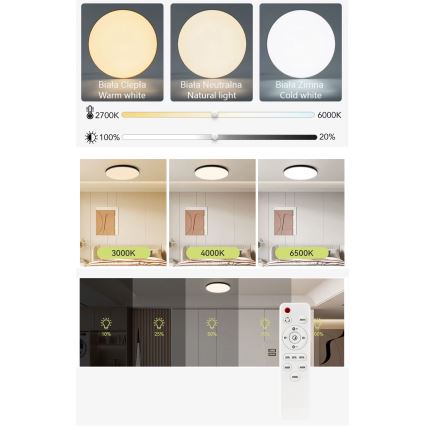 LED loftlampe dæmpbar LED/30W/230V 3000-6500K diameter 30 cm sort + fjernbetjening