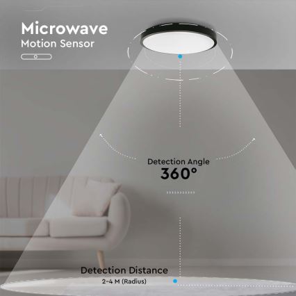LED loftlampe til badeværelse med sensor LED/18W/230V 4000K IP44 diameter 22,5 cm sort