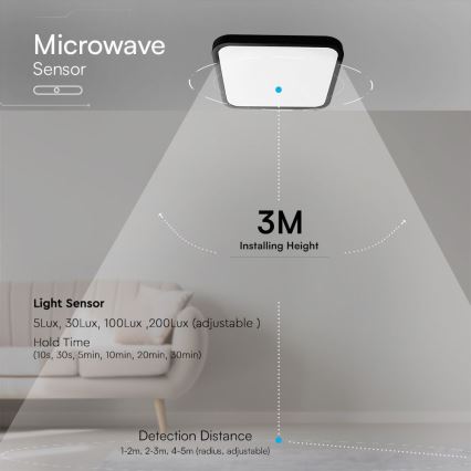 LED loftlampe til badeværelse med sensor SAMSUNG CHIP LED/36W/230V IP44 4000K 42x42 cm sort + fjernbetjening