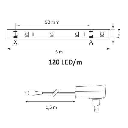 LED lysbånd 5 m LED/36W/12V 4000K