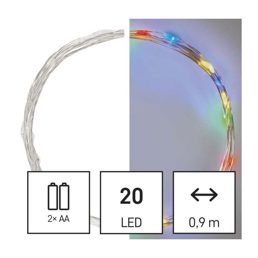 LED-lyskæde 20 x LED / 2 x AA, 2,4 m, multifarvet