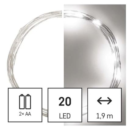 LED-lyskæde 20xLED/2xAA, 2,4 m, kold hvid