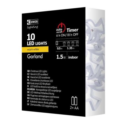LED-lyskæde CHAIN 10xLED/2xAA 1,85m varm hvid