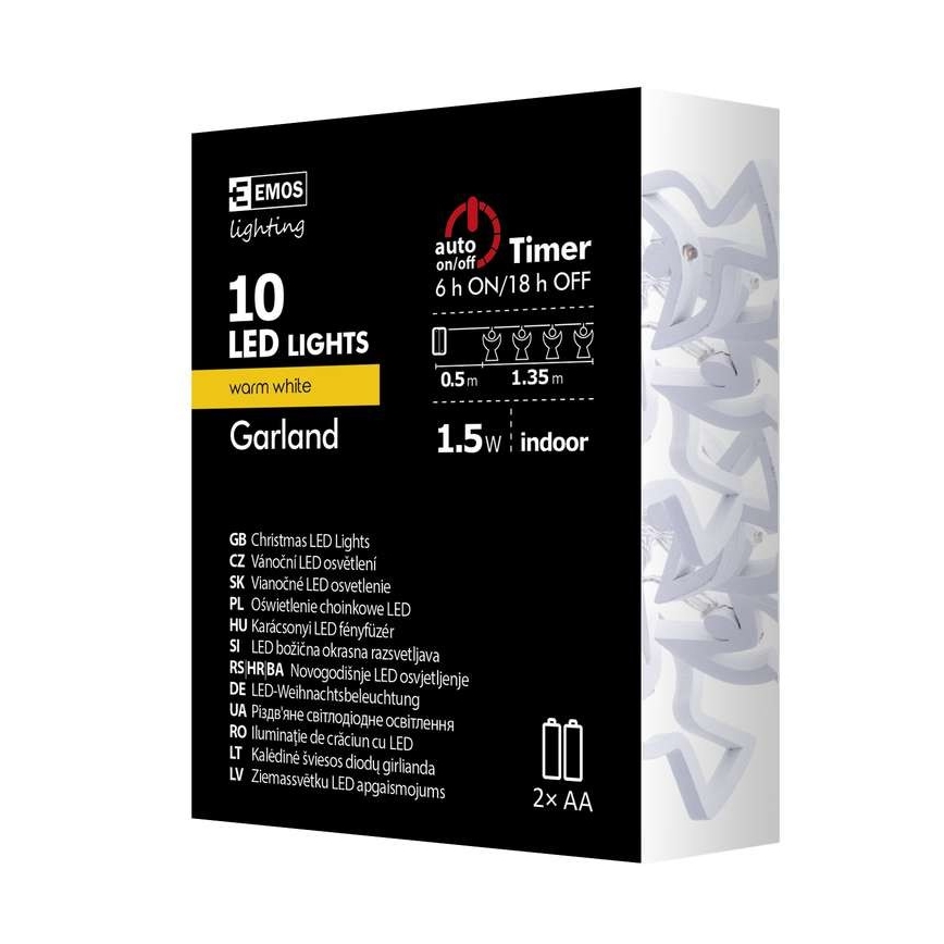 LED-lyskæde CHAIN 10xLED/2xAA 1,85m varm hvid