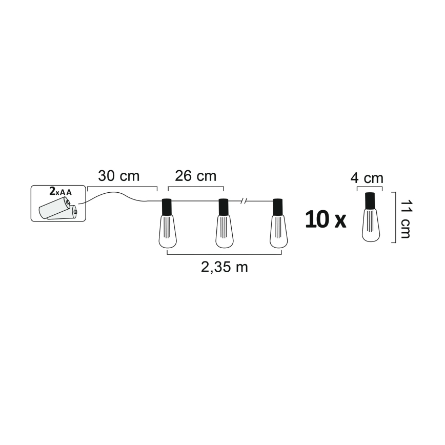 LED lyskæde dekorativ EDISON 2,65 m 10xLED/2xAA