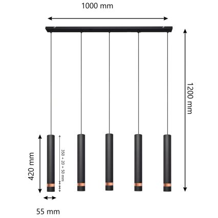 LED Pendel TUBA 5xGU10/6,5W/230V sort/kobberfarvet
