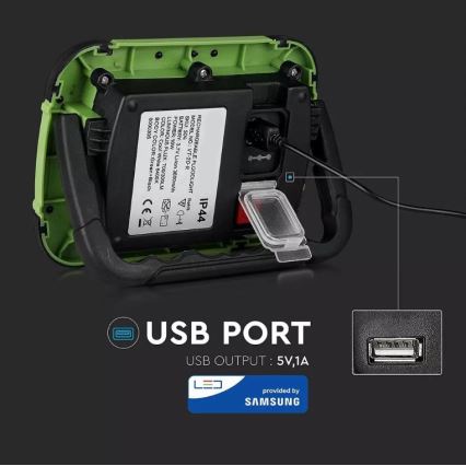 LED projektør dæmpbar og genopladelig SAMSUNG CHIP + funktion SOS LED/10W/3,7V/USB IP44 4000K 3600 mAh grøn