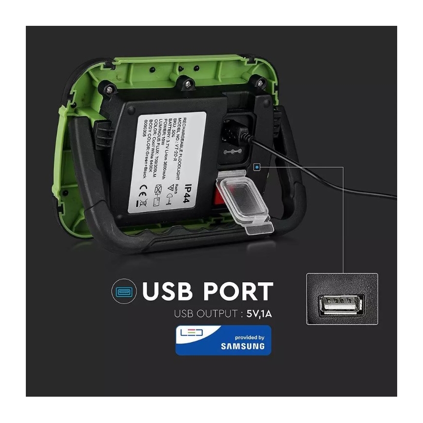 LED projektør dæmpbar og genopladelig SAMSUNG CHIP + funktion SOS LED/10W/3,7V/USB IP44 4000K 3600 mAh grøn