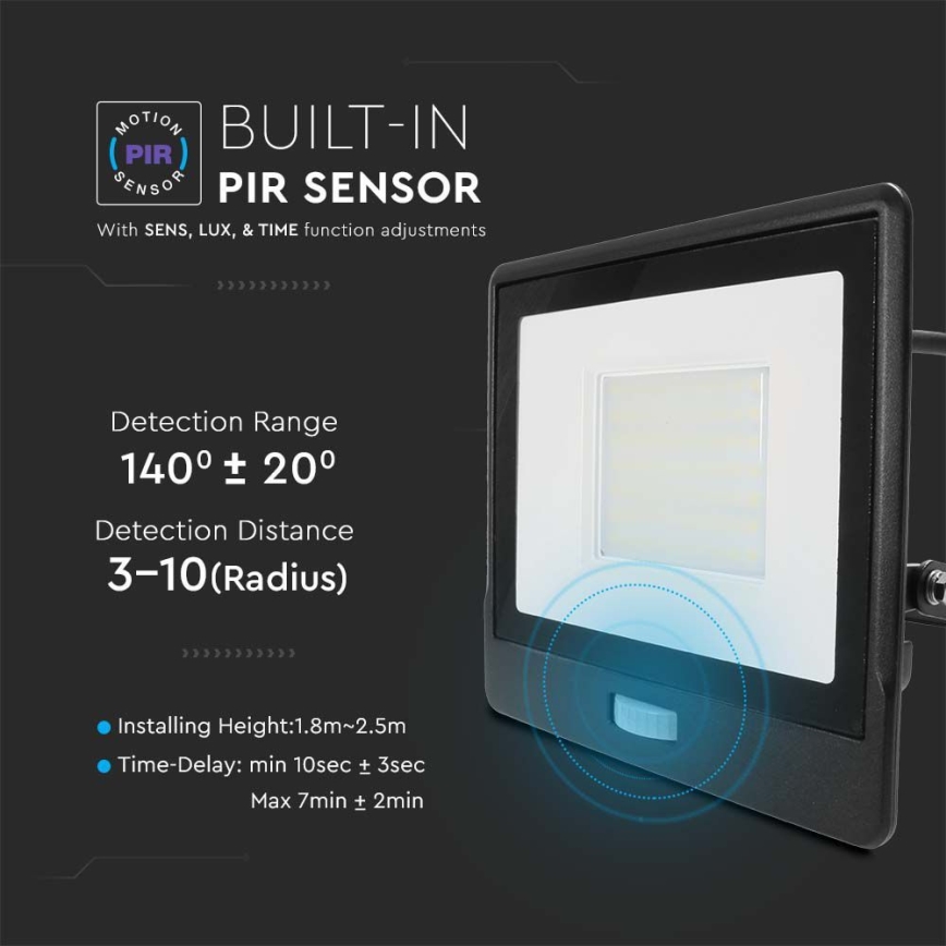 LED projektør med sensor LED/50W/230V 6500K IP65 sort