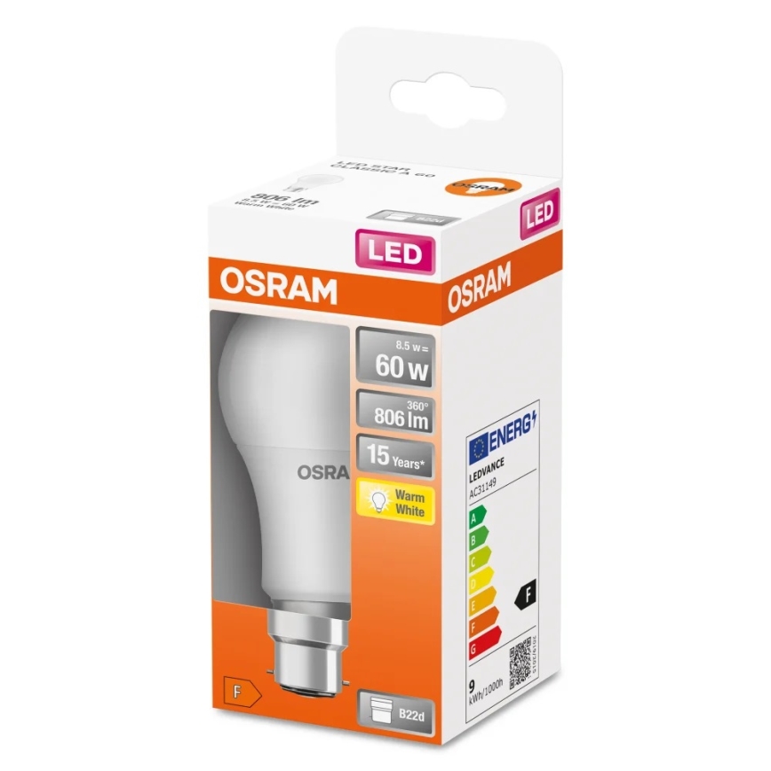 LED-pære A60 B22d/8,5W/230V 2700K - Osram