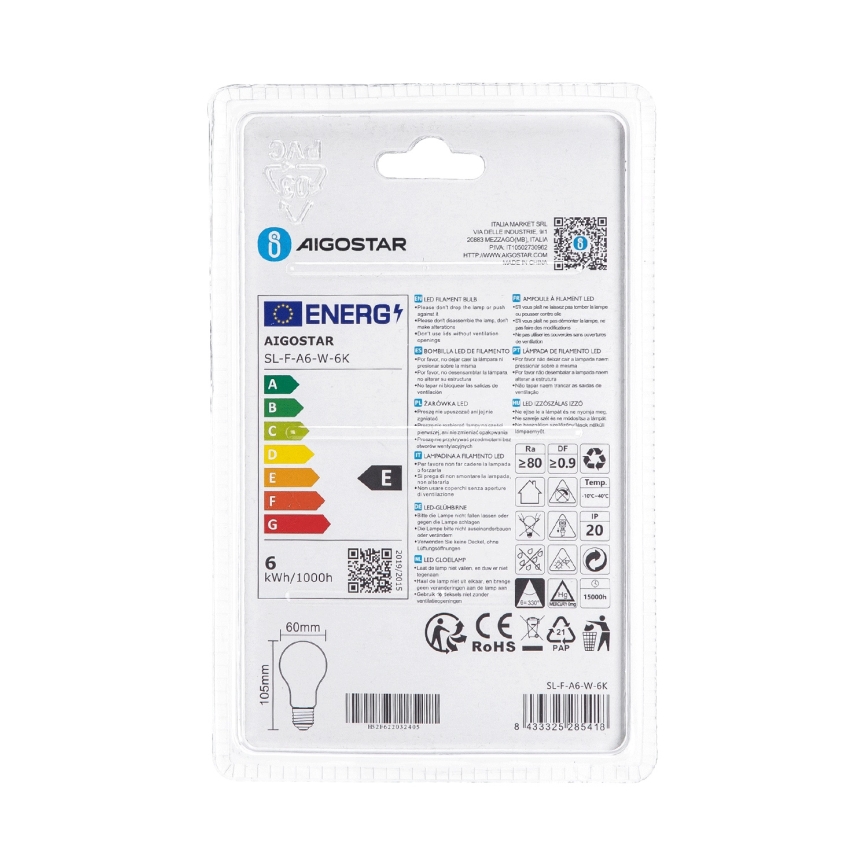 LED-pære A60 E27/6W/230V 6500K 330° - Aigostar