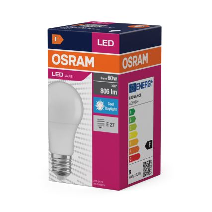 LED-pære A60, E27, 8 W, 230 V, 6500 K - Osram