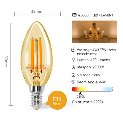 LED-pære C35 E14/4W/230V 2200K - Aigostar