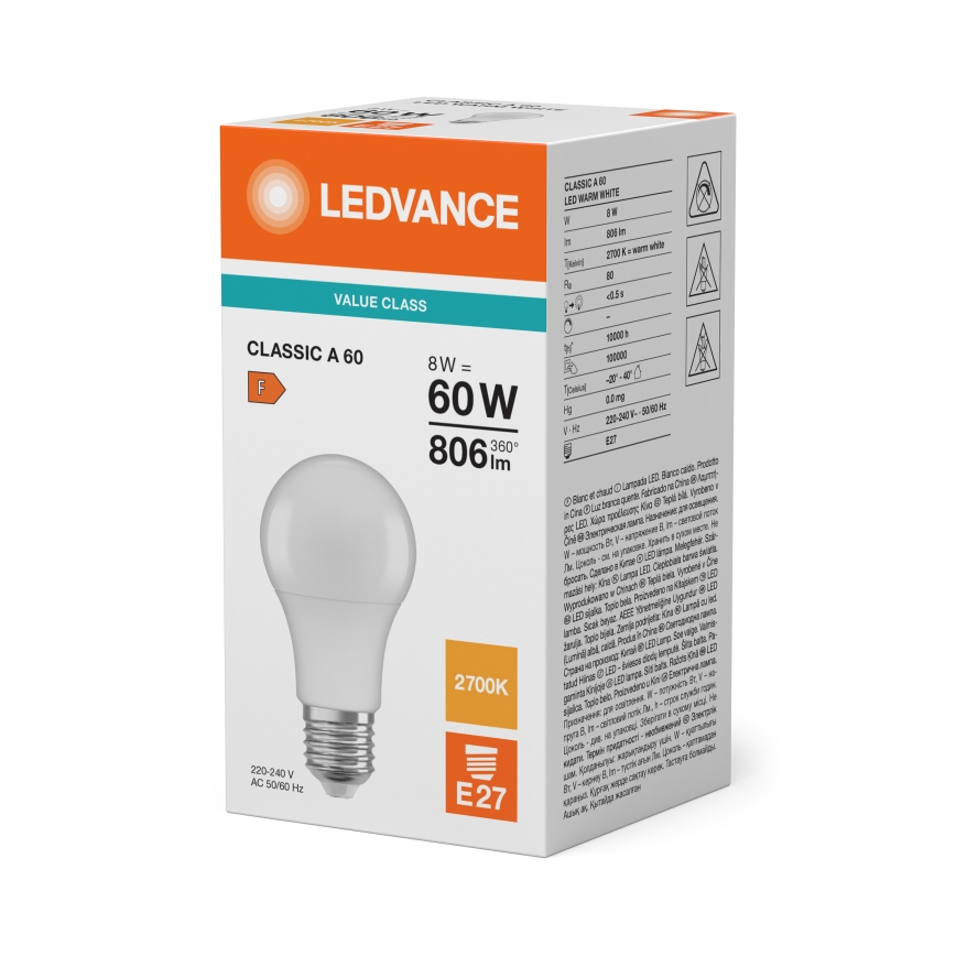LED-pære CLASSIC A60 E27/8W/230V 2700K - Ledvance