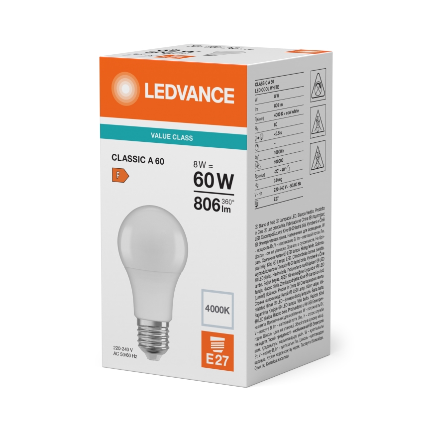 LED-pære CLASSIC A60 E27/8W/230V 4000K - Ledvance