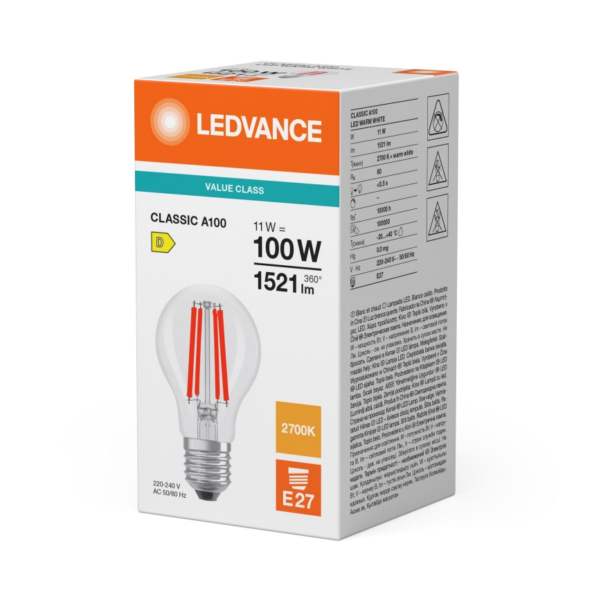 LED-pære CLASSIC FILAMENT A60 E27/11W/230V 2700K - Ledvance