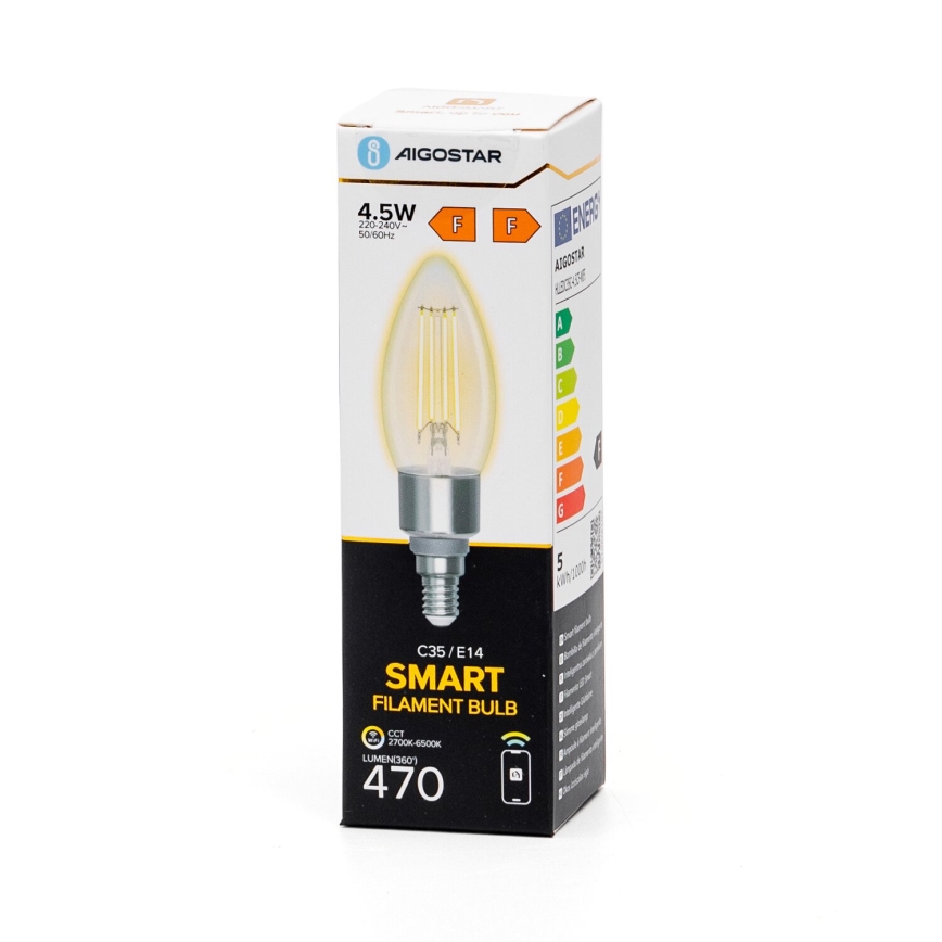 LED-pære dæmpbar FILAMENT C35 E14/4,5W/230V 2700-6500K Wi-Fi - Aigostar