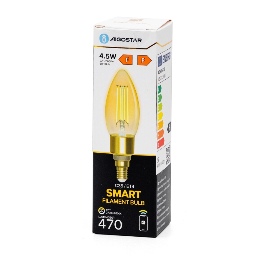 LED-pære dæmpbar FILAMENT C35 E14/4,5W/230V 2700-6500K Wi-Fi - Aigostar