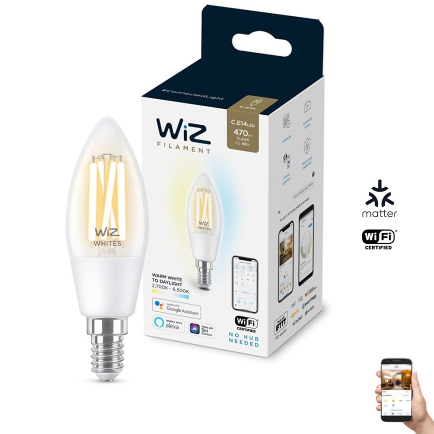 LED-pære dæmpbar FILAMENT C35 E14/4,9W/230V 2700-6500K CRI 90 Wi-Fi - WiZ