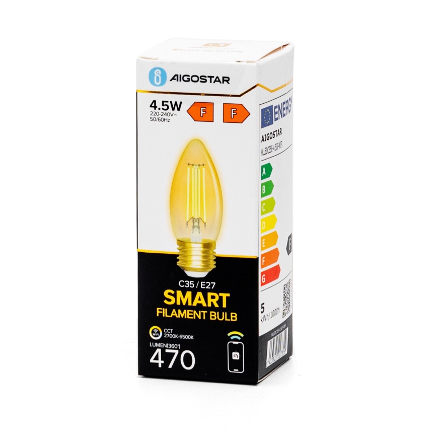 LED-pære dæmpbar FILAMENT C35 E27/4,5W/230V 2700-6500K Wi-Fi - Aigostar