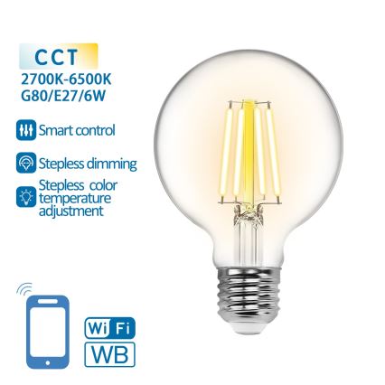 LED-pære dæmpbar FILAMENT G80 E27/6W/230V 2700-6500K Wi-Fi - Aigostar