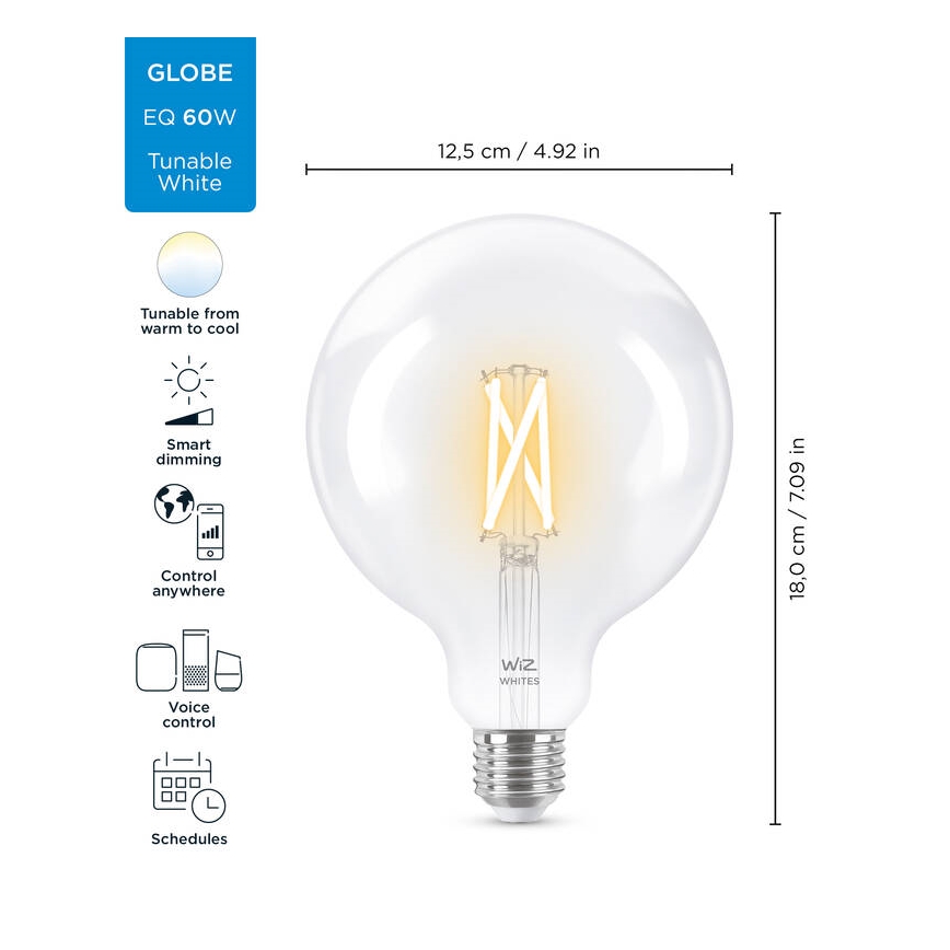 LED-pære dæmpbar FILAMENT G125 E27/7W/230V 2700-6500K CRI 90 Wi-Fi - WiZ