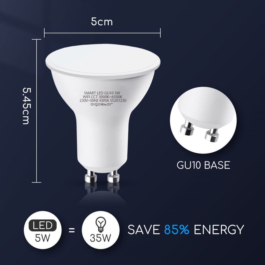 LED-pære dæmpbar GU10/5W/230V 3000-6500K Wi-Fi - Aigostar