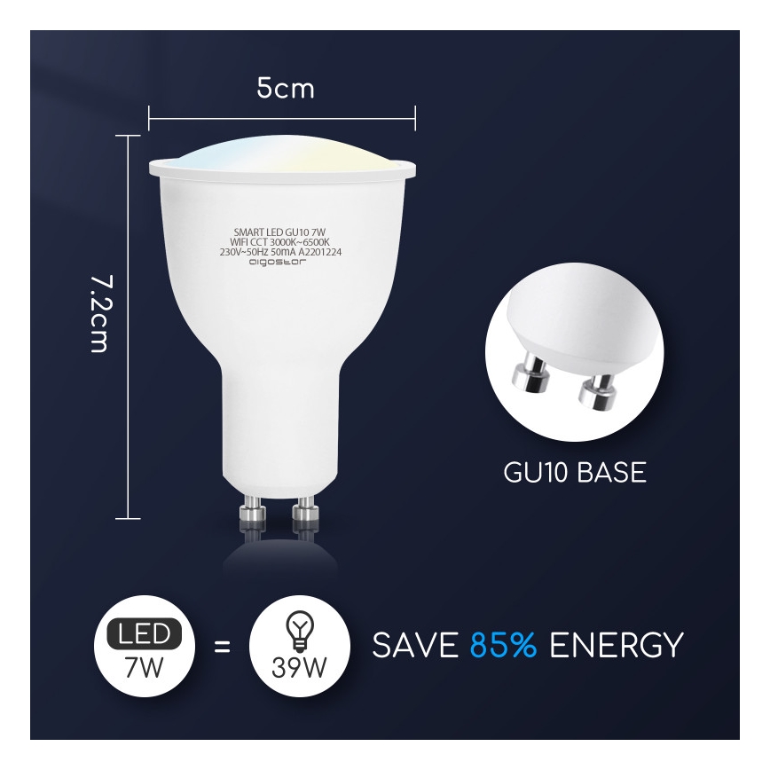 LED-pære dæmpbar GU10/7W/230V 3000-6500K Wi-Fi - Aigostar