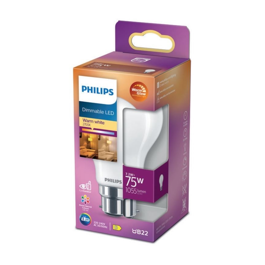LED-pære dæmpbar Philips Warm Glow A60 B22/7,2W/230V 2200-2700K CRI 90