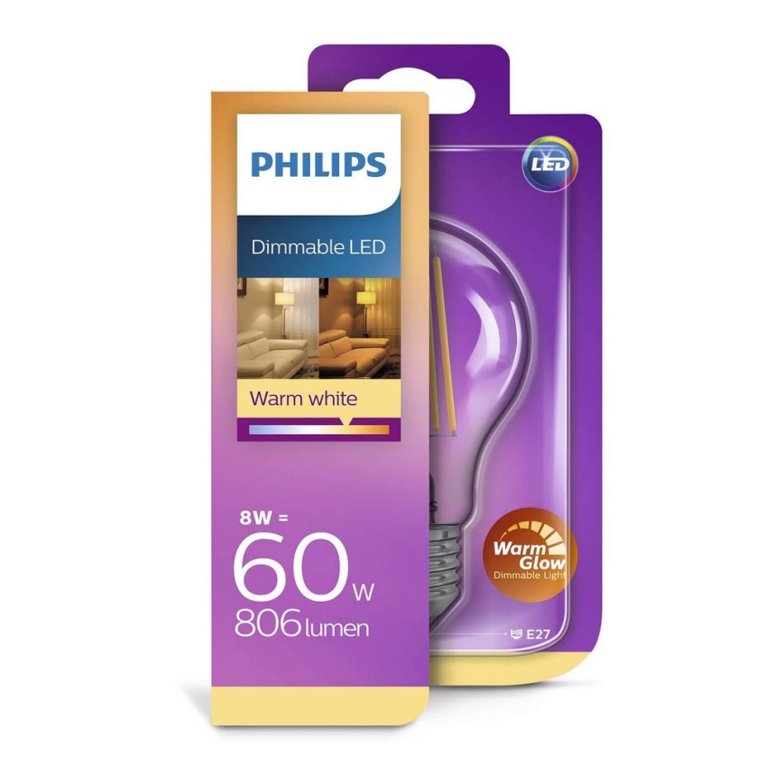 LED-pære dæmpbar  Philips Warm Glow E27/8W/230V 2200K-2700K 