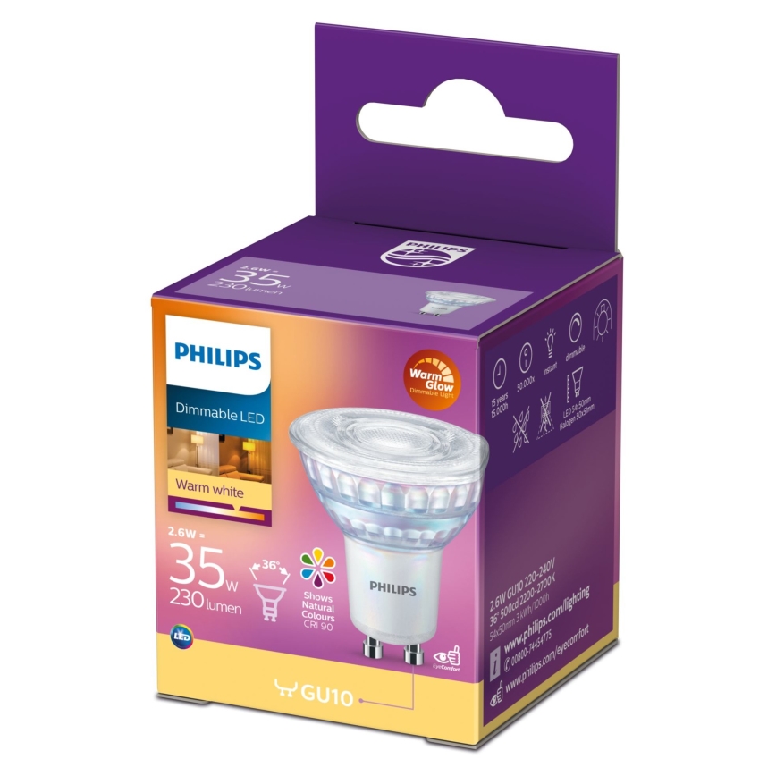LED-pære dæmpbar Philips Warm Glow GU10/2,6W/230V 2200-2700K CRI 90